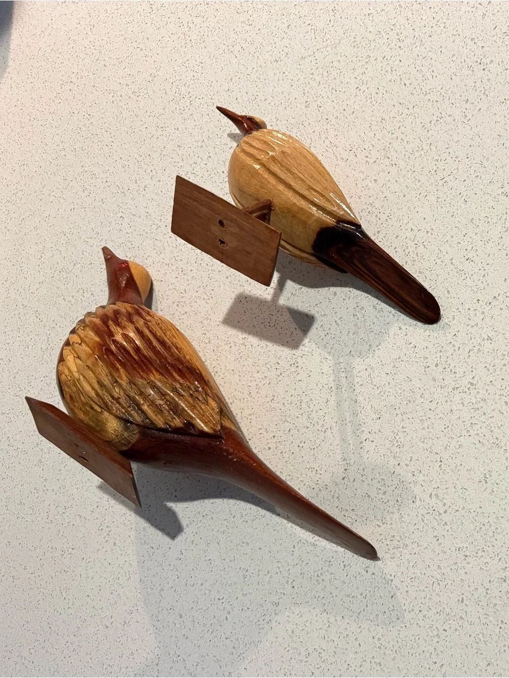 Vintage 2pcs Jamaican Hand Carved Wooden Bird Figurines on Matching Stands